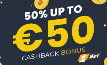 Get a 50% up to €50 Cashback Bonus Every Weekend at 1Bet Casino! 